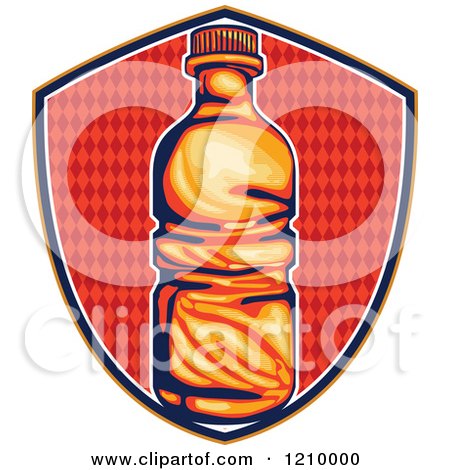 Clipart of a Retro Water or Soda Bottle over a Diamond Patterned Shield - Royalty Free Vector Illustration by patrimonio