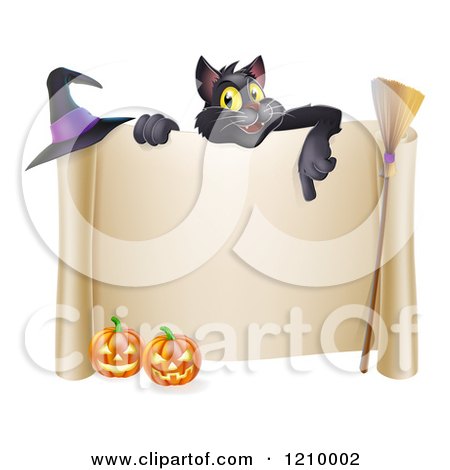 Cartoon of a Black Cat over a Scroll Sign with a Witch Hat Broomstick and Halloween Pumpkins - Royalty Free Vector Clipart by AtStockIllustration
