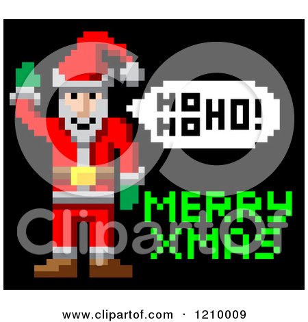 Cartoon of a Retro Pixelated Santa and Merry Xmas Text - Royalty Free Vector Clipart by AtStockIllustration