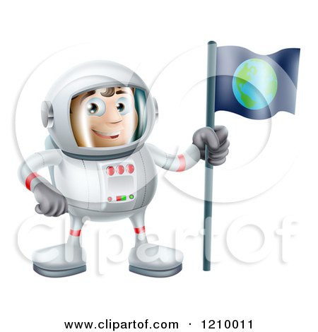 Cartoon of a Happy Astronaut Man with an Earth Flag - Royalty Free Vector Clipart by AtStockIllustration