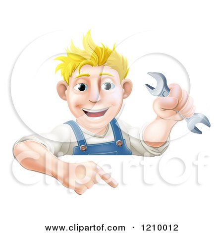 Cartoon of a Happy Mechanic Man Holding a Wrench and Pointing down to a Sign - Royalty Free Vector Clipart by AtStockIllustration