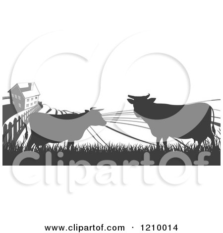 Clipart of a Brown Silhouetted Farm House with Cows and Fields - Royalty Free Vector Illustration by AtStockIllustration