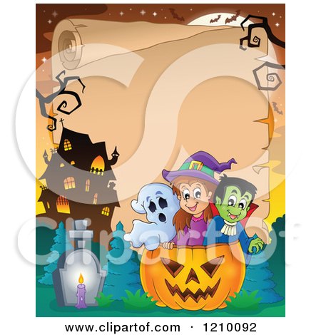 Cartoon of a Ghost Witch and Vampire in a Halloween Jackolantern Pumpkin over a Haunted House and Scroll - Royalty Free Vector Clipart by visekart