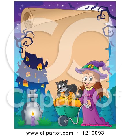 Cartoon of a Halloween Scroll with a Happy Witch Girl Pushing a Cat and Pumpkins in a Wheel Barrow - Royalty Free Vector Clipart by visekart