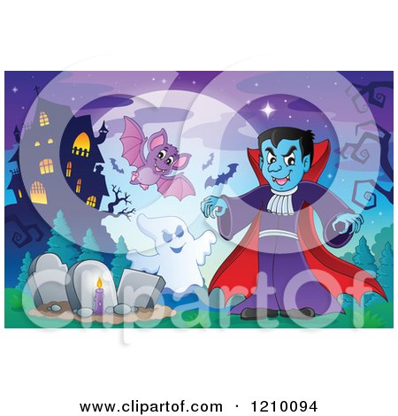 Cartoon of a Vamprire Ghost and Bat Against a Full Moon and Haunted House - Royalty Free Vector Clipart by visekart