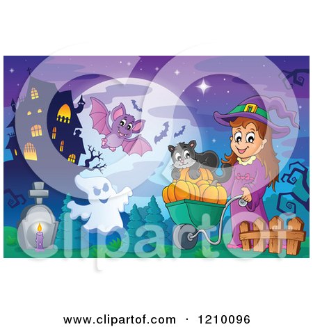 Cartoon of a Witch Pushing a Cat on a Wheelbarrow of Pumpkins near a Ghost Bat and Haunted House - Royalty Free Vector Clipart by visekart