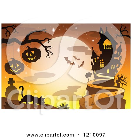 Cartoon of a Stalking Cat Under Jackolanterns Against a Full Moon and Haunted House - Royalty Free Vector Clipart by visekart