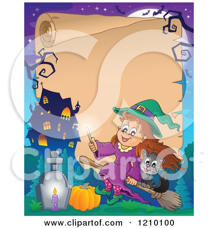 Cartoon of a Halloween Scroll with a Happy Witch Girl and Cat Flying on a Broomstick with a Candle over a Haunted House - Royalty Free Vector Clipart by visekart