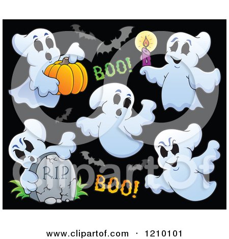 Cartoon of Halloween Ghosts and Bats on Black - Royalty Free Vector Clipart by visekart