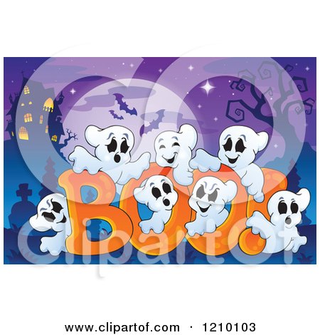 Cartoon of the Word Boo and Ghosts over a Full Moon and Haunted House - Royalty Free Vector Clipart by visekart