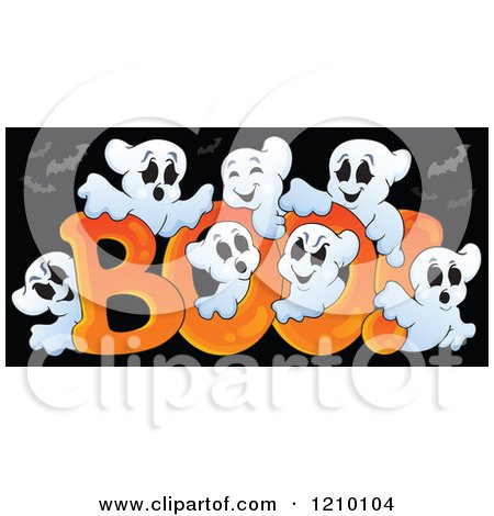 Cartoon of the Word Boo and Ghosts over Black with Bats - Royalty Free Vector Clipart by visekart