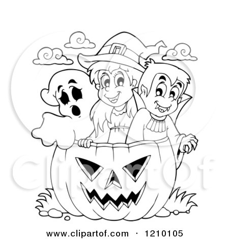 Cartoon of a Black and White Halloween Girl Witch Boy Vampire and Ghost in a Jackolantern Pumpkin - Royalty Free Vector Clipart by visekart