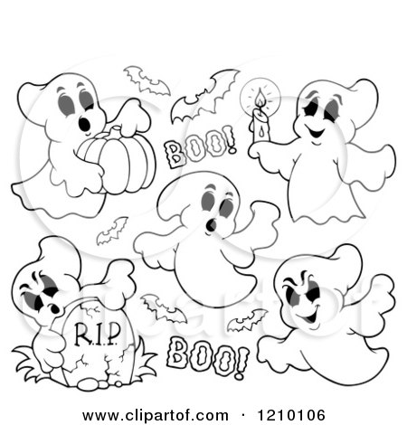 Cartoon of Black and White Halloween Ghosts and Bats - Royalty Free Vector Clipart by visekart