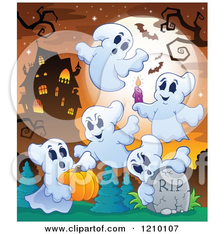 Cartoon of Halloween Ghosts with a Candle Tombstone and Pumpkin near a Haunted House - Royalty Free Vector Clipart by visekart