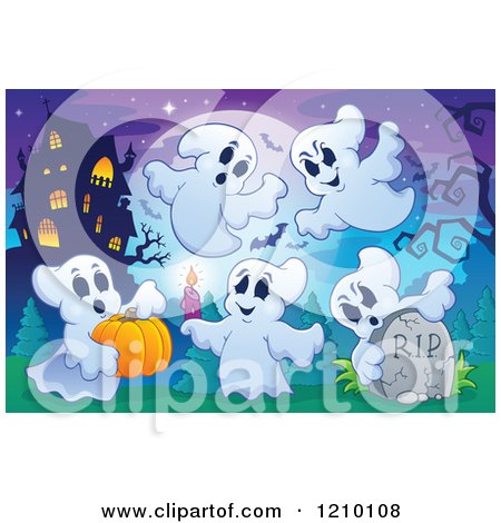 Cartoon of Halloween Ghosts with a Candle Head Stone and Pumpkin near a Haunted House - Royalty Free Vector Clipart by visekart