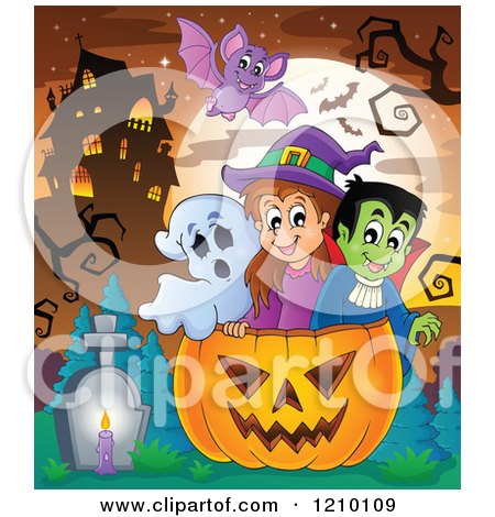 Cartoon of a Bat over a Ghost Witch and Vampire in a Halloween Jackolantern Pumpkin near a Haunted House - Royalty Free Vector Clipart by visekart
