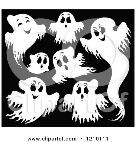 Cartoon of White Halloween Ghosts on Black - Royalty Free Vector Clipart by visekart