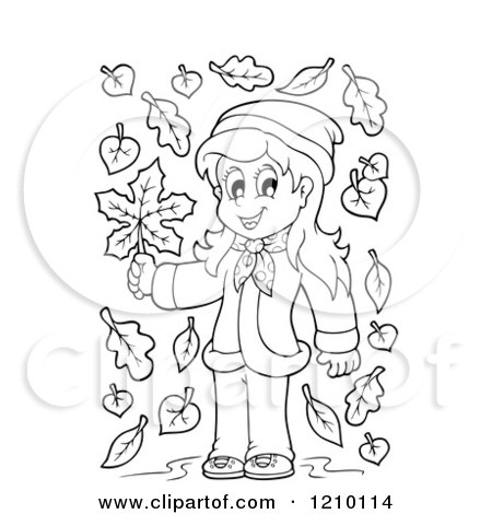 Cartoon of a Black and White Happy Girl Holding an Autumn Leaf - Royalty Free Vector Clipart by visekart