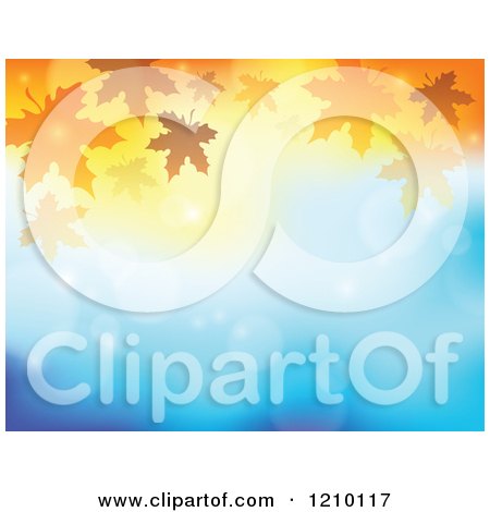 Clipart of a Background of Autumn Leaves and Flares on Blue and Orange - Royalty Free Vector Illustration by visekart