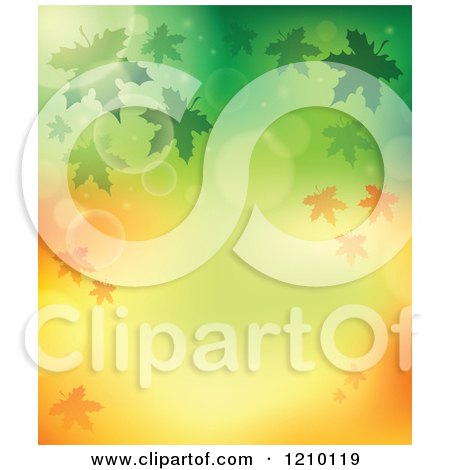 Clipart of a Background of Autumn Leaves and Flares on Green and Orange - Royalty Free Vector Illustration by visekart