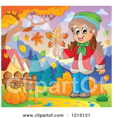 Cartoon of a Happy Girl Holding an Autumn Leaf near a Pumpkin on a Path - Royalty Free Vector Clipart by visekart