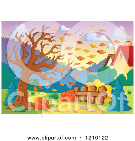 Cartoon of a Tree Being Stripped of Autumn Leaves in a Breeze Behind Homes - Royalty Free Vector Clipart by visekart
