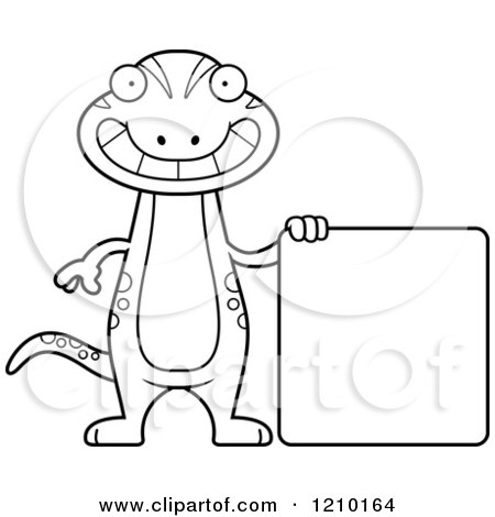 Cartoon of a Black and White Skinny Gecko with a Sign - Royalty Free Vector Clipart by Cory Thoman