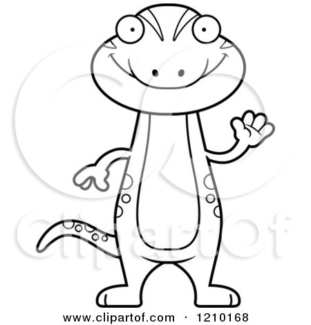 Cartoon of a Black and White Waving Skinny Gecko - Royalty Free Vector Clipart by Cory Thoman