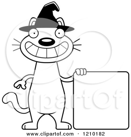 Cartoon of a Black and White Halloween Witch Cat with a Sign - Royalty Free Vector Clipart by Cory Thoman