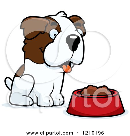 Cartoon of a St Bernard Dog Sitting over a Food Bowl - Royalty Free Vector Clipart by Cory Thoman