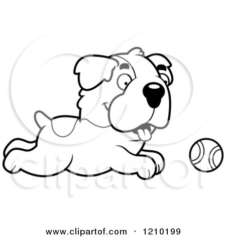 Cartoon of a Black and White St Bernard Dog Chasing a Tennis Ball - Royalty Free Vector Clipart by Cory Thoman