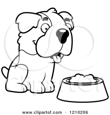 Cartoon of a Black and White St Bernard Dog Sitting over a Food Bowl - Royalty Free Vector Clipart by Cory Thoman