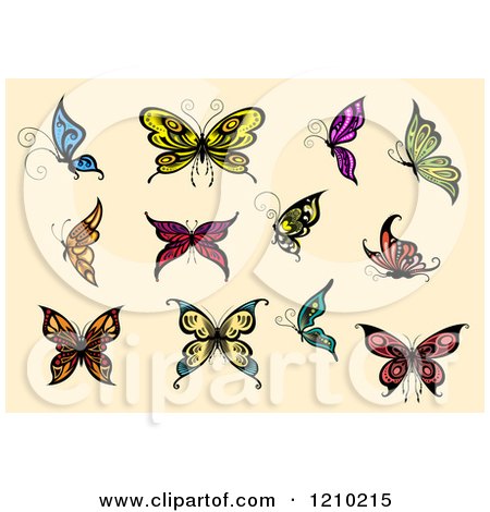 Clipart of Colorful Butterflies on Beige - Royalty Free Vector Illustration by Vector Tradition SM