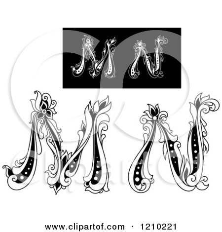 Clipart of a Black and White Vintage Floral Letter M and N - Royalty Free Vector Illustration by Vector Tradition SM