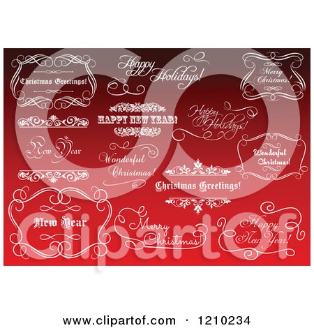 Clipart of White Ornate Christmas and New Year Greetings with Frames on Red - Royalty Free Vector Illustration by Vector Tradition SM