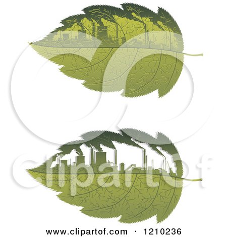 Clipart of Green Leaves with Polluting Factories - Royalty Free Vector Illustration by Vector Tradition SM
