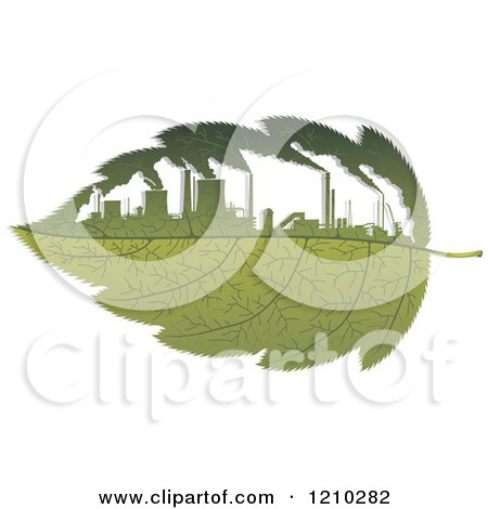 Clipart of a Green Leaf with Polluting Factories 2 - Royalty Free Vector Illustration by Vector Tradition SM