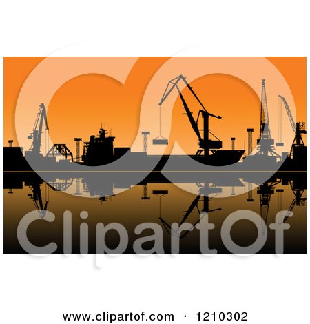 Clipart of Silhouetted Working Cranes Unloading Cargo in a Seaport at Sunset 2 - Royalty Free Vector Illustration by Vector Tradition SM