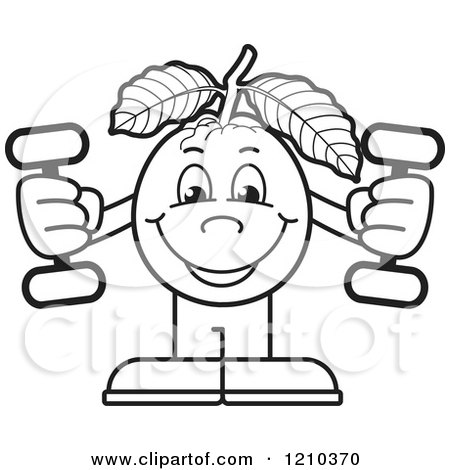 Clipart of a Black and White Guava Mascot Working out with Dumbbells - Royalty Free Vector Illustration by Lal Perera