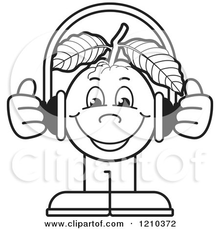 Clipart of a Black and White Guava Mascot Wearing Headphones - Royalty Free Vector Illustration by Lal Perera