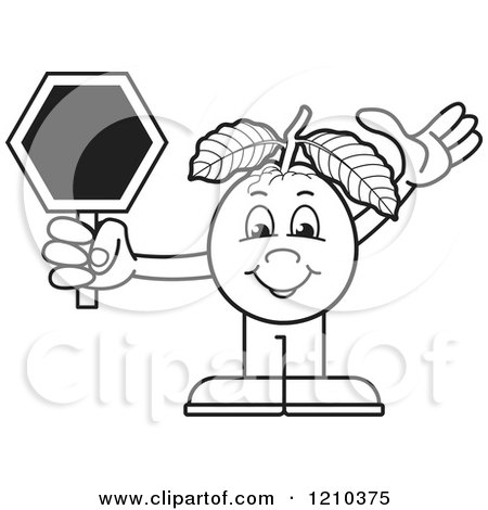 Clipart of a Black and White Guava Mascot Holding a Stop Sign - Royalty Free Vector Illustration by Lal Perera
