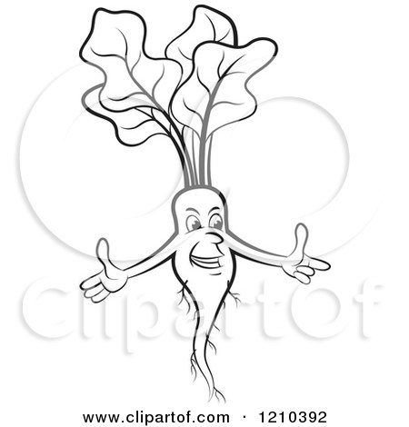 Clipart of a Black and White Laughing Radish - Royalty Free Vector Illustration by Lal Perera