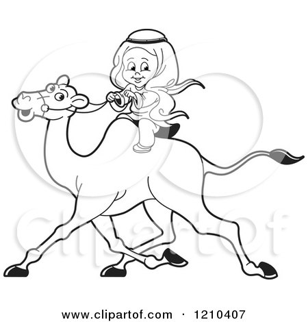 Clipart of a Black and White Happy Arabic Kid Riding a Camel - Royalty Free Vector Illustration by Lal Perera