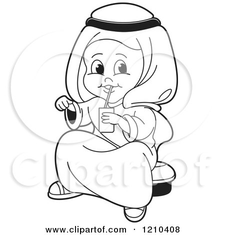 Clipart of a Black and White Happy Arabic Kid Drinking Juice - Royalty Free Vector Illustration by Lal Perera