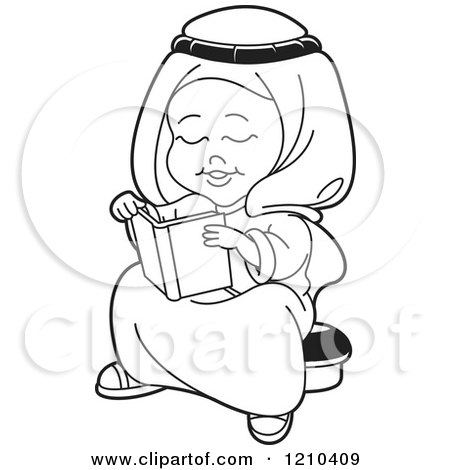 Clipart of a Black and White Happy Arabic Kid Reading a Book - Royalty Free Vector Illustration by Lal Perera