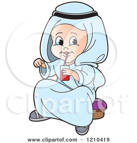 Clipart of a Happy Arabic Kid Drinking Juice - Royalty Free Vector Illustration by Lal Perera