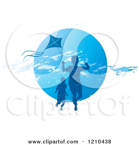 Clipart of Boys Playing with a Kite over a Blue Circle - Royalty Free Vector Illustration by Lal Perera