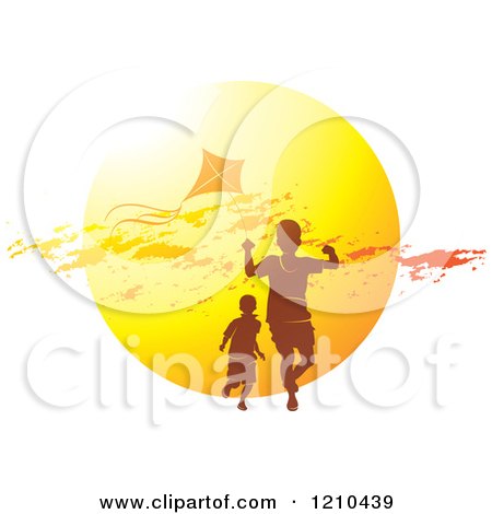 Clipart of Boys Playing with a Kite over a Sunset - Royalty Free Vector Illustration by Lal Perera