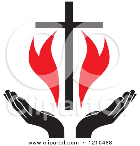 Clipart of a Black Cross and Uplifted Hands with Red Flames - Royalty Free Vector Illustration by Johnny Sajem
