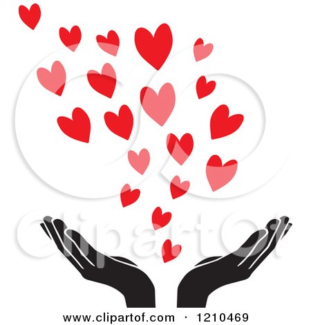 Clipart of Black and White Uplifted Hands with Red Hearts - Royalty Free Vector Illustration by Johnny Sajem